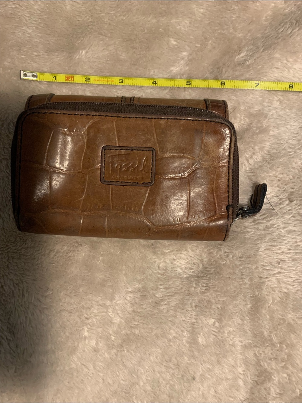 Brown Textured Leather Zip Wallet by Fossil
